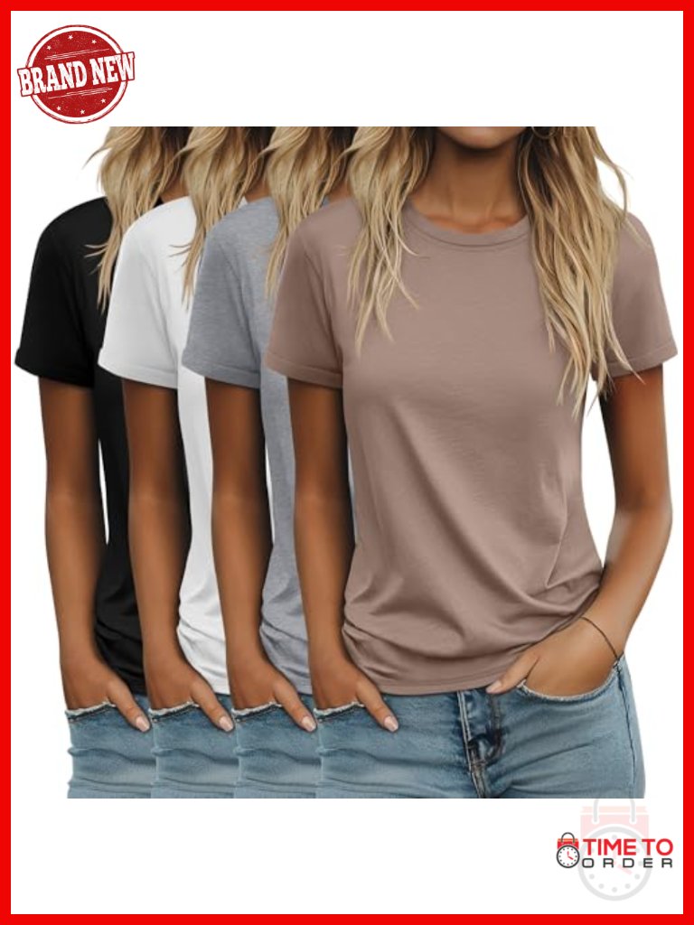 4 Pack Women's Cotton Blend Short Sleeve Tunic Tops Crewneck Loose Fit Basic